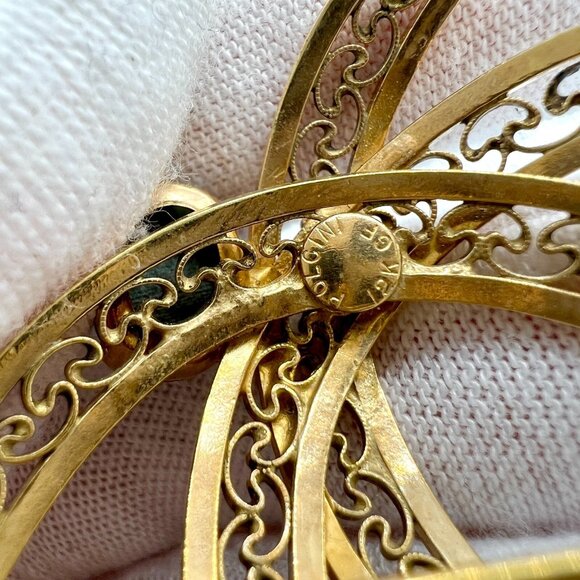 POLCINI Brooch Pin Signed 12K GF Gold Plated Jade Green Stone Filigree Vintage - Picture 5 of 12